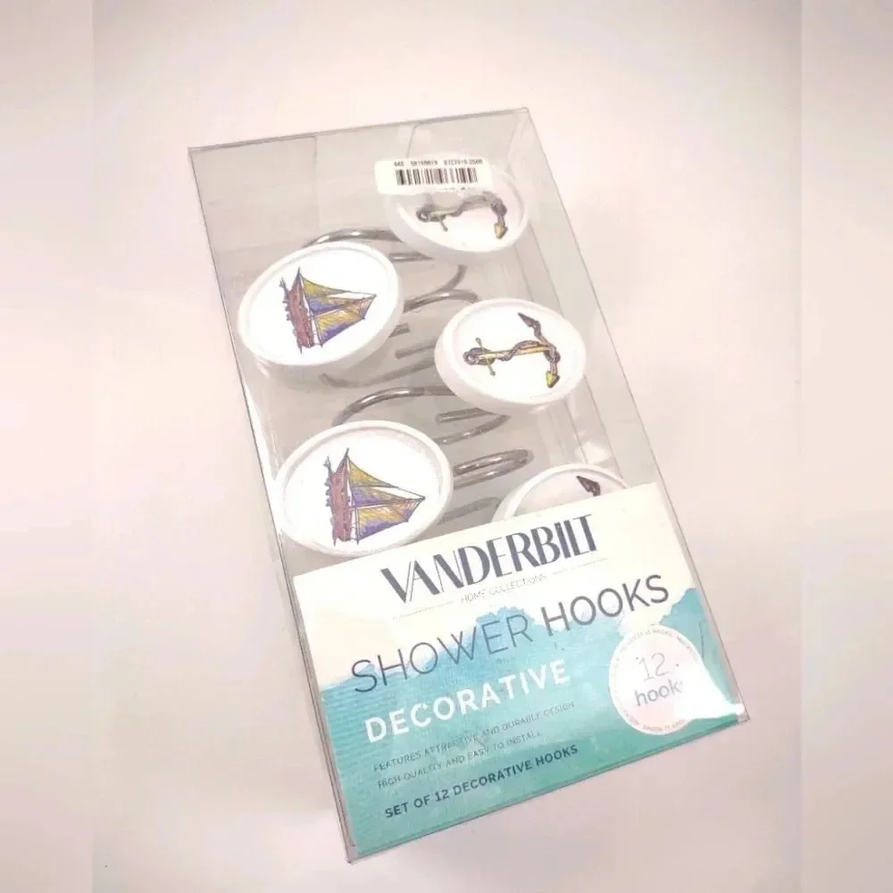 Vanderbilt Nautical Shower Hooks Set of 12 Anchors and Ships Oval Design NWT